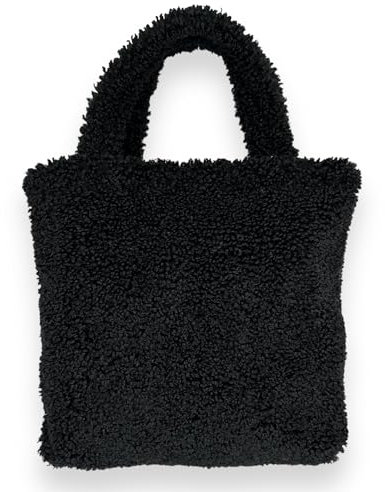Ziona Teddyfell Umhängetasche Plüsch Shopper Fell Beutel Handtasche Damen Flauschige Schultertasche Einkaufstasche (Schwarz)