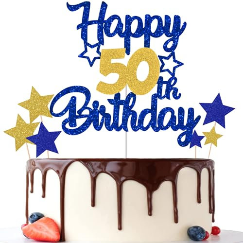 Gidobo 50th Birthday Cake Toppers, Blue Gold Glittery Cake Decorations with Stars, Fifty Years Old Birthday Party Supplies for Men and Women