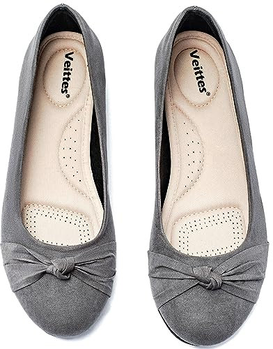 Veittes Women's Wide Width Flats Shoes - Ladies Cute Round Toe Slip-on Fashion Bow Ballet Shoes.(2109004-2310,GR/MF,UK8.5 Wide)