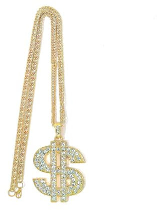 Benaewa Dollar Sign Necklace with Rhinestones, Fake Chain Fancy Dress for Rapper Party Accessories