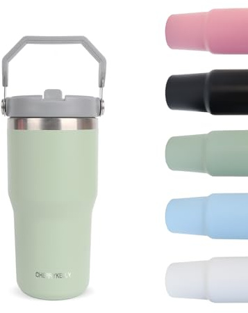 CherryKelly 20oz (550ml) Travel Mug with Handle, Travel Tumbler with Straw Lid, Stainless Steel Vacuum Insulated Coffee Cup, Double Wall Travel Flask Car Mug, Leak Proof Water Bottle - Green