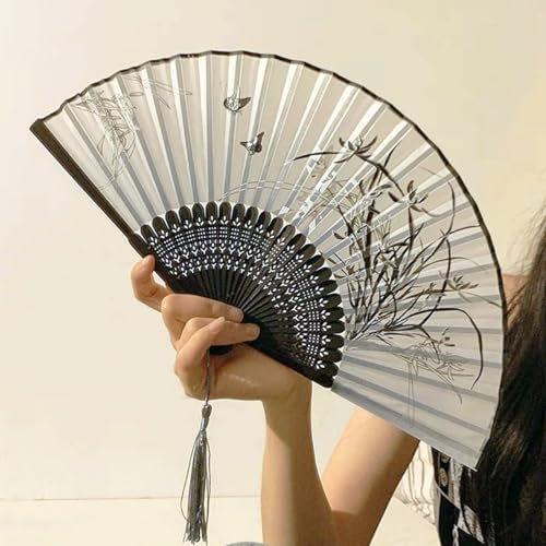 Folding Hand Fan for Women, Chinese Hand Fan Folding with Tassels, Bamboo Handheld Folding Fan, Balck Vintage Chinese Style Folding Hand Fan for Women Girls Dress up Costume Dancing Party Decoration