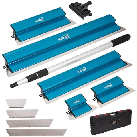 KATSU Tools Drywall Skimming Blade Set, 25+40+60+80cm Stainless Steel Blades + Arc Scraper + 0.5mm Replaceable Blades + Aluminum Extension Pole + Adjustable Angle Holder + Plastic Case