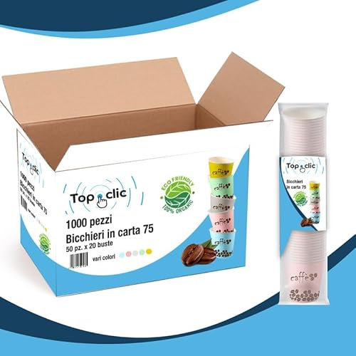 TopClic Bicchierini da Caffè Monouso in Carta - 1000 Pezzi Bicchieri di Carta Colorati, Compostabili, Ideali per Caffè, Espresso, Festa, Ufficio e Uso Domestico