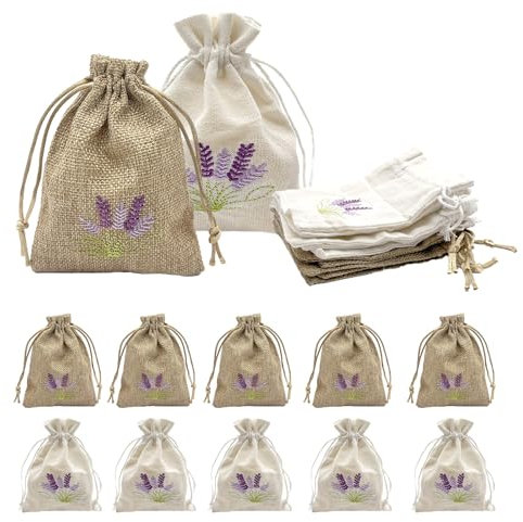 Vordpe 12 sacchetti di lavanda vuoti, piccoli sacchetti da riempire, sacchetti di iuta con coulisse, cotone e lino, gioielli per matrimonio, spezie erbe aromatiche