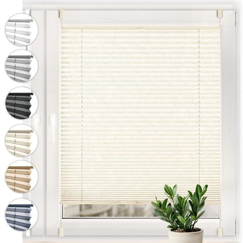 Sonello Plissee Crush Klemmfix ohne Bohren 40cm x 120cm Ecru Faltrollo Plisseerollo Jalousie für Tür & Fenster Blickdicht Sichtschutz Sonnenschutz Fertifplissee Rollo