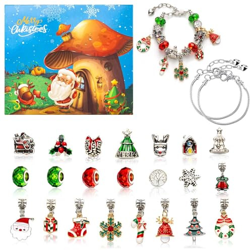 Weihnachts-Adventskalender 2024, Weihnachts-Countdown-Schmuck-Adventskalender-Charm-Armband, 24 Tage, DIY-Weihnachts-Armbänder, 22 Charm-Perlen + 2 Armbänder, Weihnachtsgeschenke für Kinder, Mädchen,