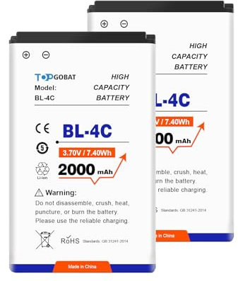 TOPGOBAT 2Pcs BL-4C Akku, 2000mAh Akku mit hoher Kapazität, kompatibel für Nokia 6088 6100 6101 6102 6102I 6103 6103B 6125 6126 6130 6131 6133 6136 6170 6230I 6260 6300