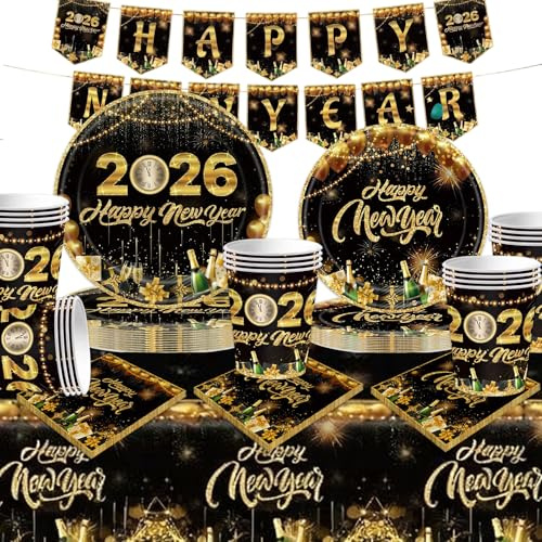 Antsparty 2025 - Stoviglie per feste di Capodanno per 20 ospiti, 82 pezzi di stoviglie per feste di Capodanno con piatti di carta Happy New Year 2025