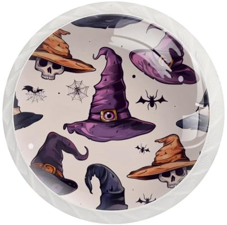 Halloween Witch Hats with Skull Round Crystal Drawer Dresser Knobs Set of 12, Door Cupboard Wardrobe Hardware Knob with Screws, Home Office Nursery Decor