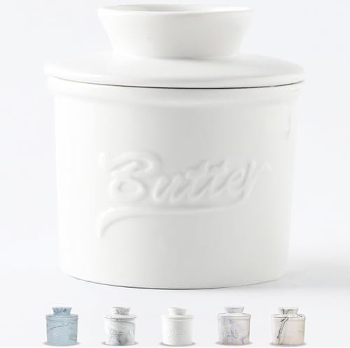 Duscdesp Butterdose Porzellan, Runde Butterbehälter Keramik mit Wasserkühlung, Französische Butterdose mit Deckel, Butterglocke Butterdosen für Frische und Streichfähige Butter (Weiß, 10cm)