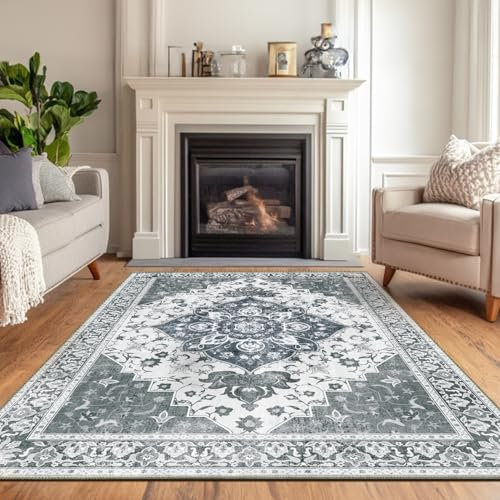 Luogort Grau Teppich Wohnzimmer 120x160cm, Waschbarer Vintage Teppich Kurzflor Teppiche mit Rutschfester Rückseite – Weich, Kindersicher & Pflegeleicht für Büro Esszimmer Kinderzimmer