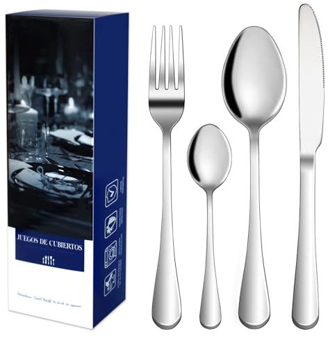 Myetasser Edelstahl Besteckset 24-teilig 6 Personen,inkl-6 Messer, 6 Gabeln, 6 Löffel - Spülmaschinengeeignet, Hochglanzpoliert, Modernes Design in Silber