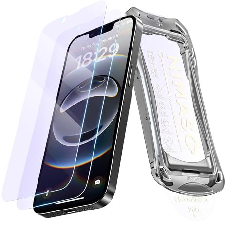 NIMASO for iPhone 16e/13 Pro/13/14 Anti Blue Light Screen Protector 6.1-Inch, Dust-free Instant Installation, 9H Hardness Tempered Glass, Military Grade Shatterproof, Anti-Scratch, 2 Pack