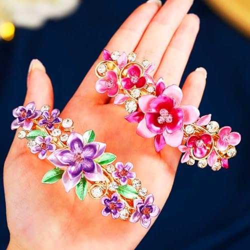 Horquillas para el pelo francesas con flores de Jovono, pinzas para el pelo de boda con flores doradas, accesorios vintage de cristal para el cabello para mujeres (2 piezas) (Rosa+Morado)