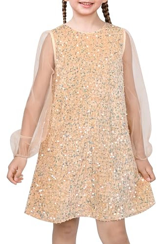 Sunny Fashion Girls Dress Beige Sparkle Mesh Long Sleeve Special Elegant Formal Gown Age 8 Years