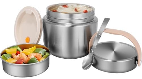 XUANHONG-TECH Extra Large 1200ml Food Flasks for Hot Food, Stainless Steel insulated Food Container with Folding Spoon, Silver