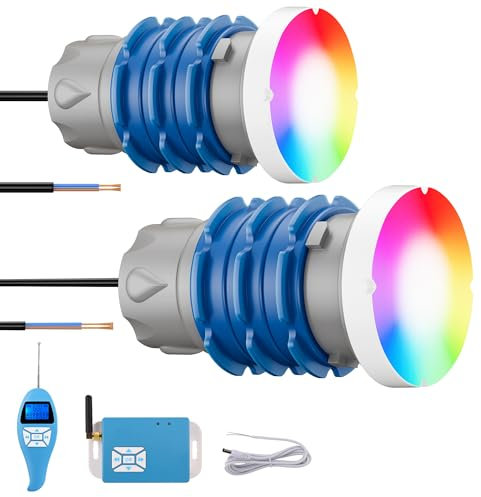 LyLmLe Mini Foco LED Piscina con Rosca 1 1/2, 6W Proyector LED Piscina RGB Multicolor con Remoto y Controlador, Ø49mm, 12V AC Impermeable IP68 Lámpara Sumergible para Piscinas SPA Escaleras,Set 2