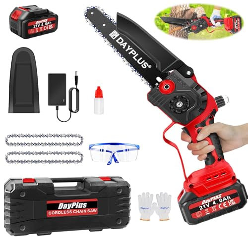 Chainsaw Cordless 8 Inch with 4000mAH Battery, Powerful Electric Chainsaw with 2 Chains and Security Lock,Handheld Small Chain Saw for Wood Cutting Tree Trimming Gardening,Red