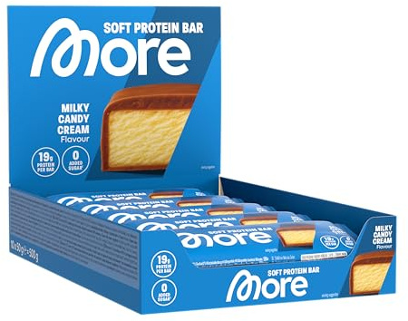 MORE Soft Protein Bar, 10er Box, 10 x 50 g, Milky Candy Cream | Protein Riegel ohne Zuckerzusatz