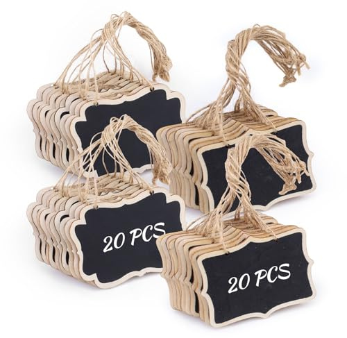 Diakey 40 Stück Mini-Kreidetafel-Anhänger mit Schnur, kleine Kreidetafel-Schilder, hängende hölzerne Nachrichtentafel, Tafel für Party, Essen, Preisschilder, Korbetiketten, Getränke, 2 Formen