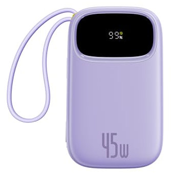 Baseus Powerbank 45W 20000mAh con 2 Cables USB-C Integrados, Power Bank PD3,0 QC4,0 Baterías Externas Carga Rapida, 3 USB-C, 1 A, Cargador Portátil para iPhone 16/15/14 Pro MAX, Samsung, Morado