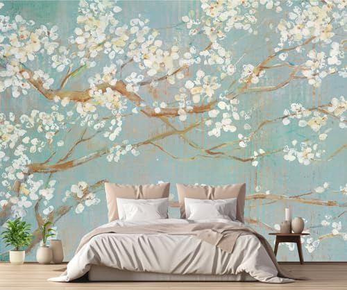 MIWEI Wallpaper Papier Peint Panoramique Fleurs Blanches Vintage Peinture À L'Huile Papier Peint 3D Tapisserie Decoration Poster Murale Chambre Salon -MW257344-250cmx175cm
