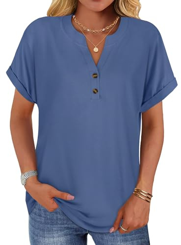 Womens Button Down T Shirts Short Sleeve V Neck Summer Tops Loose Tees | soft and breathable, rolled up cuffs with curved hem, basic solid color, versatile tshirt for daily wear