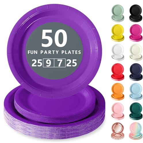 Nkaiso 50 Pcs Dark Purple Disposable Party Paper Plates Set | Party Supplies- 25x9inch & 25x10inch Plate Elegant Disposable Tableware for Birthday, Wedding, Shower