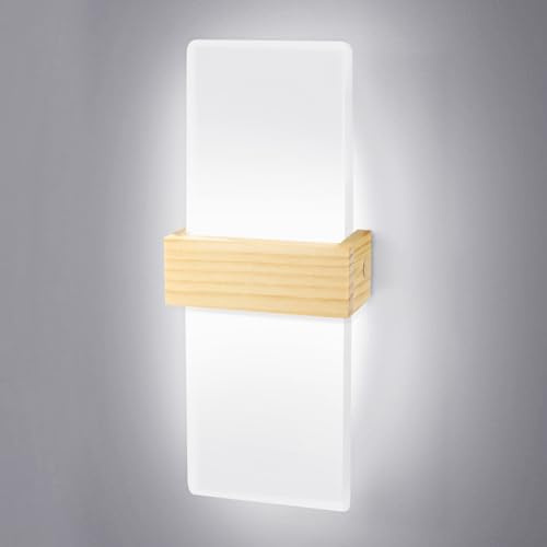 Lámpara de Pared Interior LED 12W 6500K Acrílico con Carcasa de Madera | JaneYi Blanco Frío Aplique Pared Luz Arriba y Abajo Moderna Iluminación Indirecta para Pasillo Escalera Salón Dormitorio