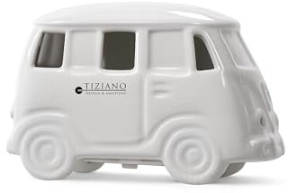 Tiziano® Keramik Bus Deko Creme-weiß (13cm) - Hochwertige Glanzkeramik mit liebevollen Details - Perfekt als stilvolles Wohnaccessoire für Camping-Fans - Vielseitig einsetzbar in Wohnzimmer