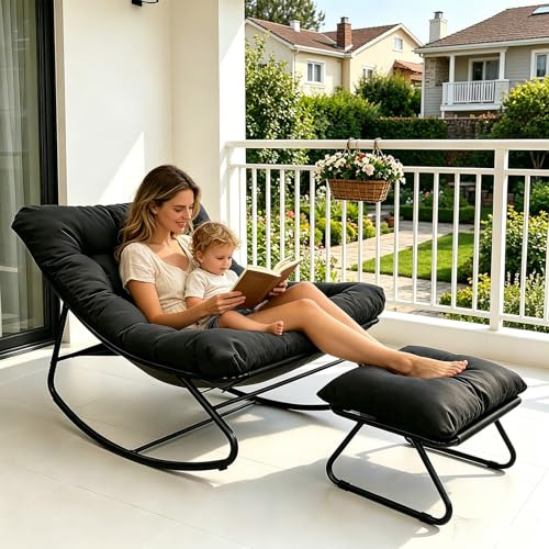 Schaukelstuhl mit Hocker, Schaukelsessel, Schaukelstuhl Wohnzimmer, Relaxstuhl Lesesessel mit Gepolsterter, Outdoor Lounge Sessel, bis 150 kg, für Balkon, Garten (Schwarz, 100T x 77B x 70H cm)