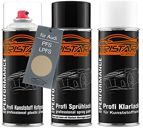 TRISTARcolor Autolack Spraydosen Set für Kunststoff Stoßstange für Audi PFS/LPFS Cashmere Metallic Haftgrund Basislack Klarlack mit Weichmacher Sprühdose