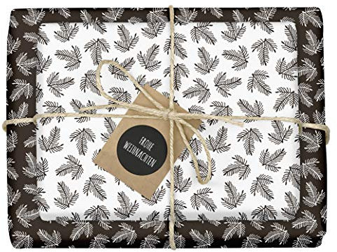 dabelino® Geschenkpapier Set Weihnachten: Tannenzweige/Tannenbaum schwarz weiß: 4 Bögen + 4 Anhänger (hochwertig, Weihnachtsgeschenkpapier, nachhaltig, Recycling-Papier, edel, für Erwachsene)