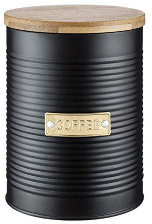 Typhoon Retro Sleek Design Embossed Stripe Stainless Steel Tea Coffee Sugar Cookie Bread Bin Storage Jar Canister Wooden Bamboo Lid Otto Black (Coffee)