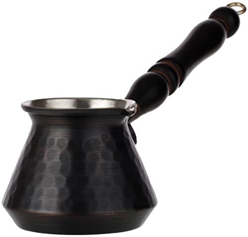 DEMMEX Cafetière en cuivre martelé avec poignée en bois et cuillère en bois pour 3 personnes (cuivre antique)