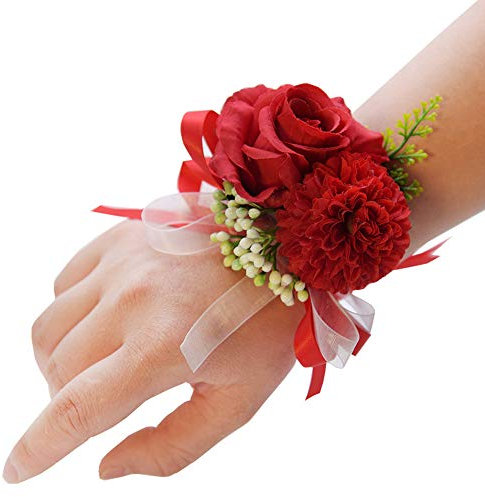 Fitwish Ototon Fleur à Poignet de Mariage Fleurs Rose Délicat Bracelet à Fleurs Mariage Accessoire pour Demoiselle d'honneur Mariée Soirée Anniversaire (Rouge)