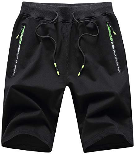 JustSun Kurze Hosen Herren Shorts Sommer Kurze Jogginghose Baumwolle Sweat Sport Shorts mit Reißverschluss Schwarz L