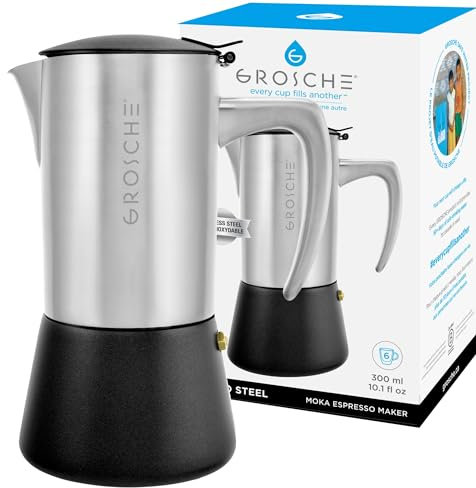 GROSCHE Milano Steel | 6 Espresso Cup | Stovetop Espresso Maker: Stainless Steel Moka Pot for Greca, Induction, Electric & Gas Stoves | Dishwasher Safe Stovetop Espresso Maker Moka Pot