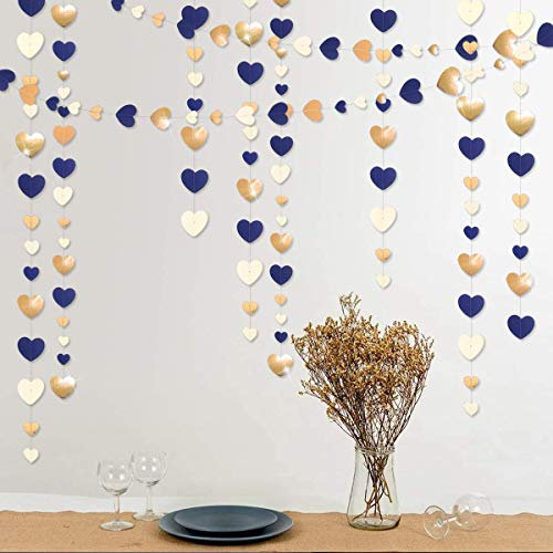 52Ft Marineblau Beige Gold Party Dekorationen Liebe Herz Hängendes Papier Girlande Streamer Banner für Bachelorette Verlobung Hochzeit Geburtstag Brautdusche Jubiläum Valentinstag Partyzubehör