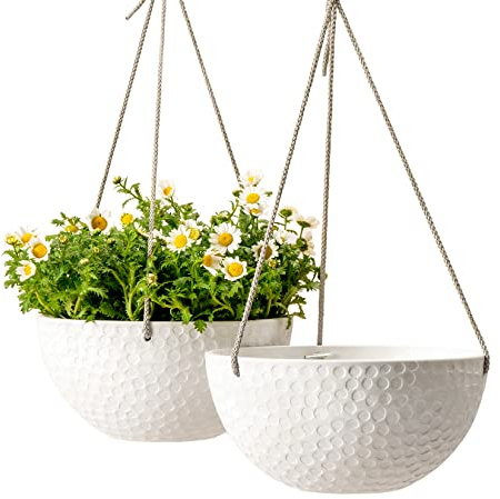 LA JOLIE MUSE 10 Inch Hanging Planters for Indoor Plants, Outdoor Garden Planter Pots, White, Honeycomb, Set of 2