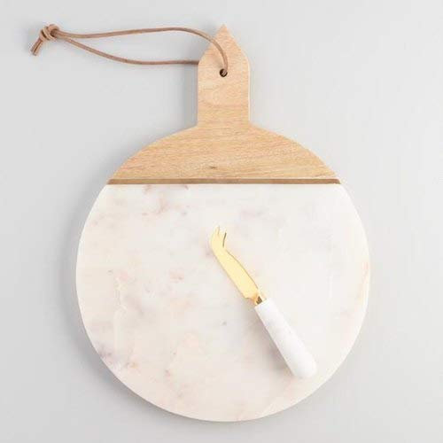 Tabla de cortar rústica de mármol blanco de 25,4 cm con mango de madera y franja dorada, tabla de cortar