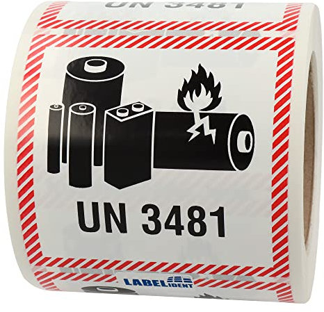 Transportaufkleber - Lithium-Ionen-Batterien in Ausrüstungen oder mit Ausrüstungen verpackt, UN 3481-100 x 100 mm - 500 Batterie Aufkleber auf 1 Rolle(n), Akku Etiketten