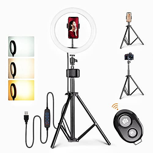 D94DS 10 Ringlicht mit Stativ und Handyhalter – Dimmbare Beauty Fotografie Lampe, 3 Farbmodi, 10 Helligkeitsstufen, Ideal für Live-Streaming, YouTube, TikTok, Vlogs, Höhe ca. 160 cm – für Influencer