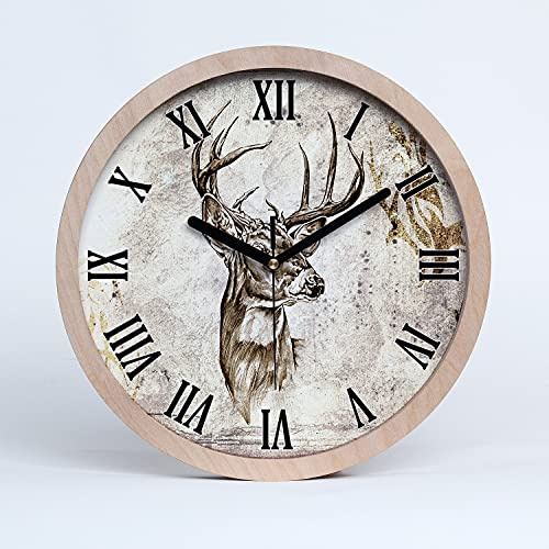Tulup Holzuhr Wanduhr ⌀ 30cm Uhr Holz Stille Uhren Modern Runde Dekoration Schwarze Uhrzeiger - Hirsch