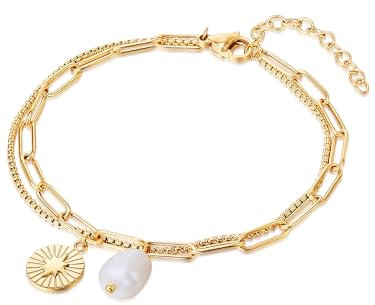 Valero Pearls Damen Armband aus Edelstahl gelbvergoldet mit Süßwasser-Zuchtperle 6,5 mm weiß und Stern zweireihig - Edelstahlarmband Gelbgold