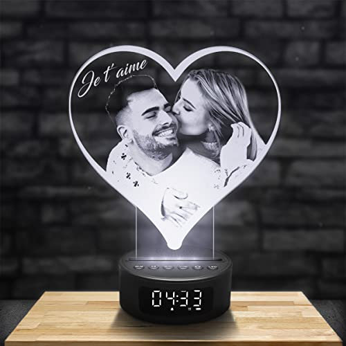 Lampephoto.fr Personalisierte Lampe mit Foto, Wecker und Bluetooth-Lautsprecher - Herz zum Valentinstag - Geschenk für Sie oder Ihn - Holzlampe mit LED, für Wohnzimmer und Schlafzimmer