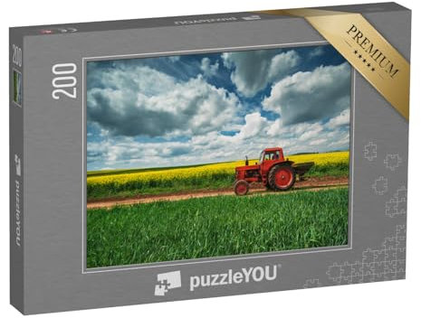 puzzleYOU: Puzzle 200 Teile „Roter Traktor mit Anhänger vor einem Rapsfeld, Oxfordshire“ – aus der Puzzle-Kollektion Traktoren