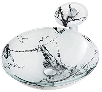 SXLSZ Aufsatzwaschbecken Waschschale Glas handwaschbecken klein g?ste wc rund waschtrog waschtischplatte für aufsatzwaschbecken mit Ablaufventil-B_mit Wasserhahn