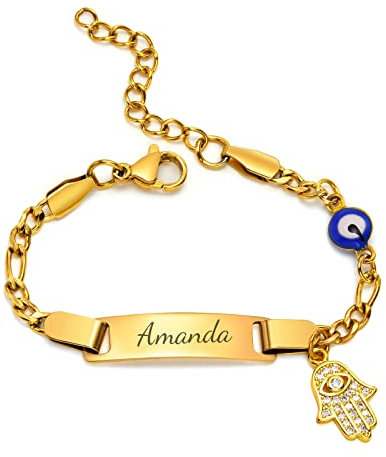 Personalisierte Amulett Kid ID Armbänder - 18K Gold plattiert Edelstahl benutzerdefinierte Name ID Platte Bar Armband mit Hamsa & Evil Eye für Kind Kleinkind von Mama, Mädchen Junge Name Bar Armband